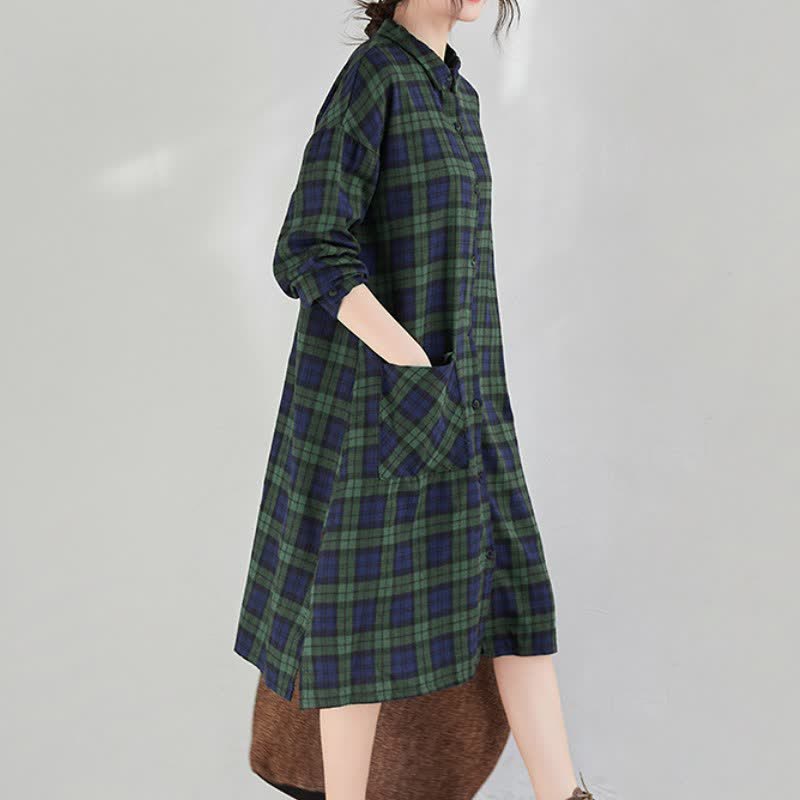 Buddha Stones Lässiges Vintage-Kleid für Damen mit Knopfleiste, Karomuster, langen Ärmeln und Tasche für den Herbst. - image 17