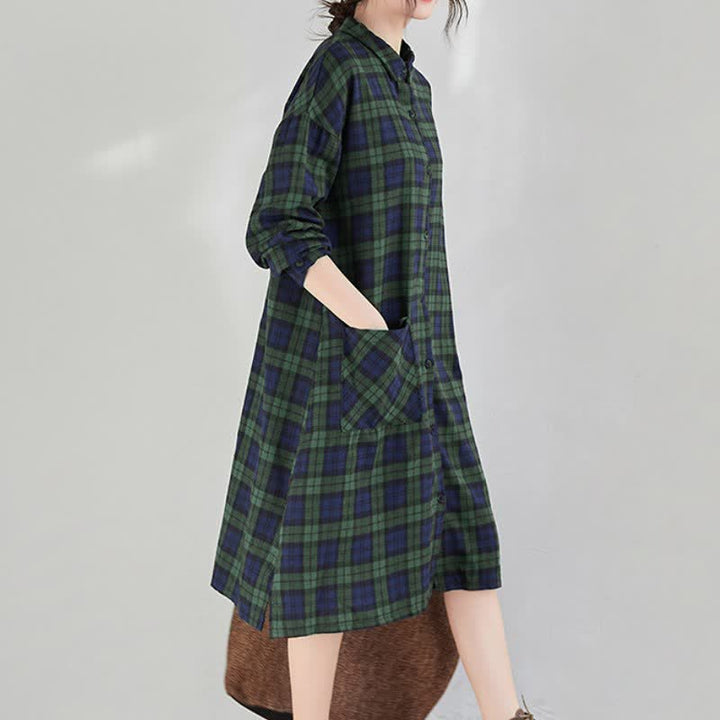 Buddha Stones Lässiges Vintage-Kleid für Damen mit Knopfleiste, Karomuster, langen Ärmeln und Tasche für den Herbst. - image 17