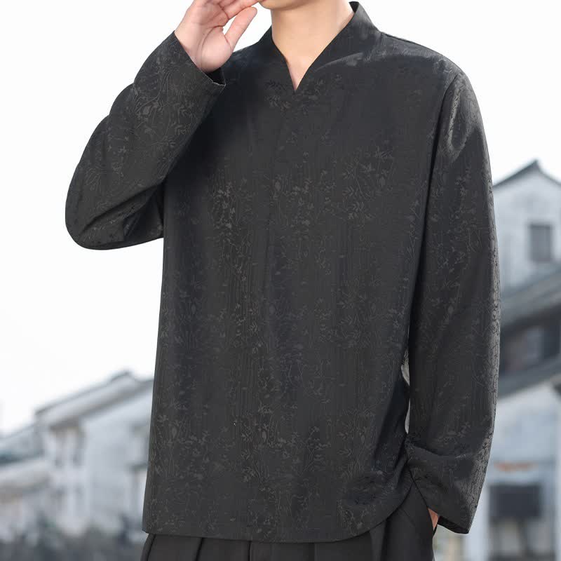 Buddha Stones Herbstliches Tang Style Minimalistisches Herren-Langarmhemd mit Stehkragen, Jacquard-Blumenmuster und Jacquard-Blumenmuster - Schwarz - US/UK/AU46, EU56 (5XL) - image 0