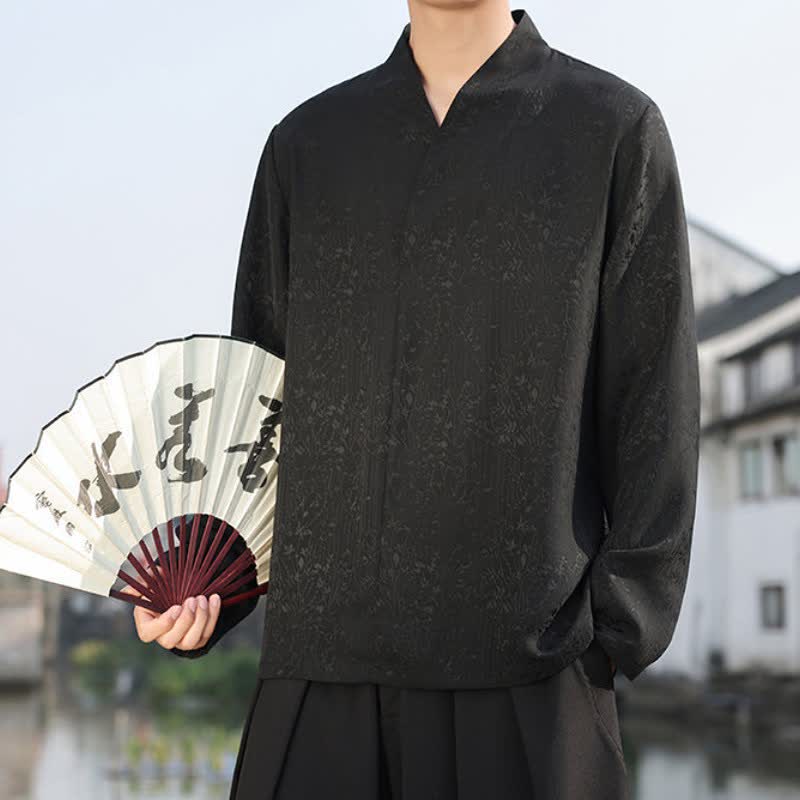 Buddha Stones Herbstliches Tang Style Minimalistisches Herren-Langarmhemd mit Stehkragen, Jacquard-Blumenmuster und Jacquard-Blumenmuster - image 1