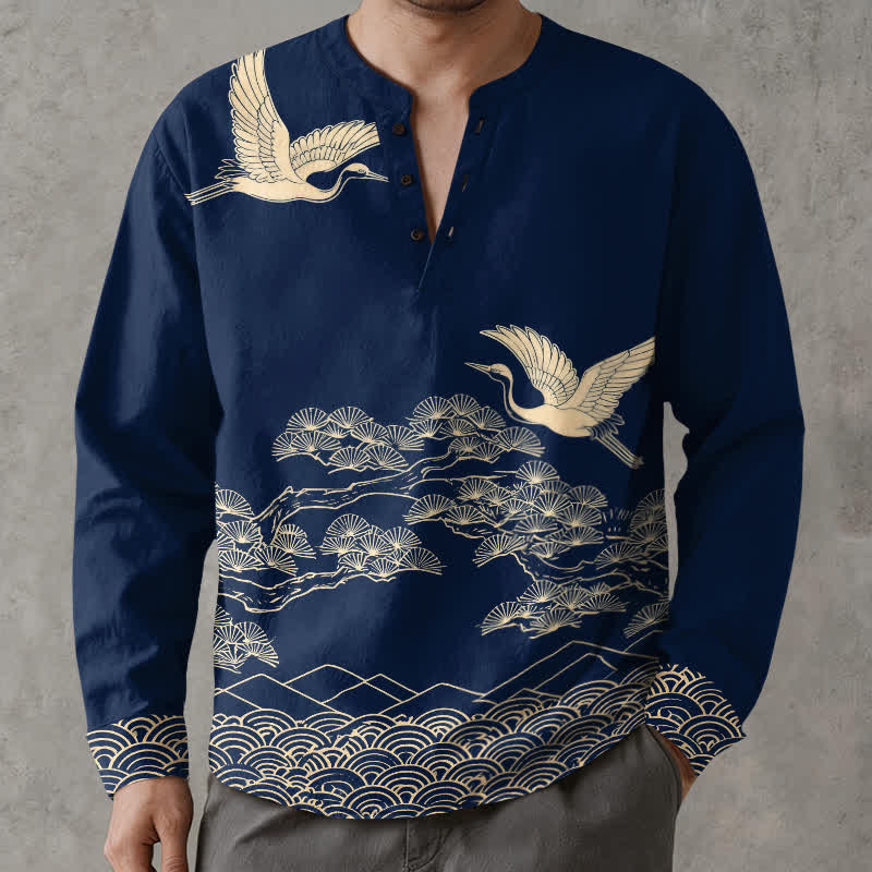 Buddha Stones Langarmhemd aus Baumwolle mit fliegendem Kranich- und Wolkenmuster, V-Ausschnitt und Knöpfen - Marine - US/ UK/AU48, EU58 (4XL) - image 0