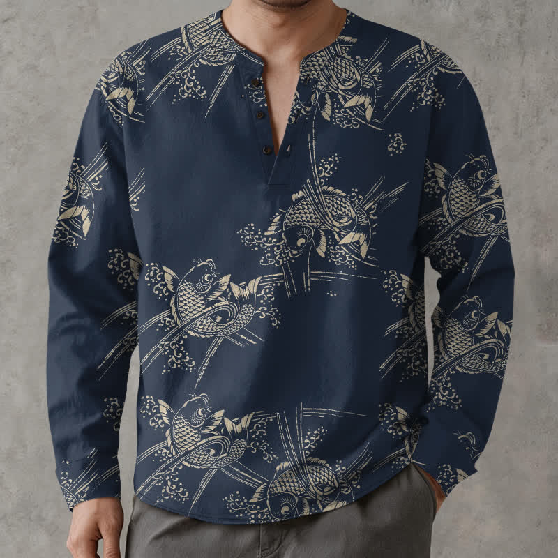 Buddha Stones Herrenhemd aus Baumwolle mit ethnischem Fischmotiv, V-Ausschnitt, Knöpfen und langen Ärmeln - Mitternachtsblau - US/ UK/AU48, EU58 (4XL) - image 0