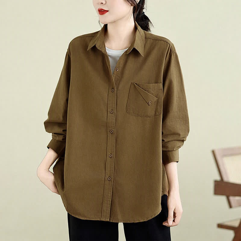 Buddha Stones Lässige, minimalistische Damenjacke aus einfarbiger Baumwolle mit Knopfleiste und Tasche für den Herbst - image 1