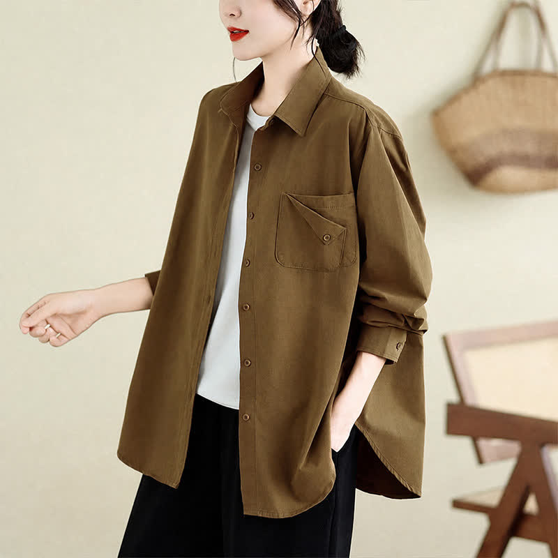 Buddha Stones Lässige, minimalistische Damenjacke aus einfarbiger Baumwolle mit Knopfleiste und Tasche für den Herbst - Sienna - US4-12, UK/AU8-16, EU36-44 (F) - image 0