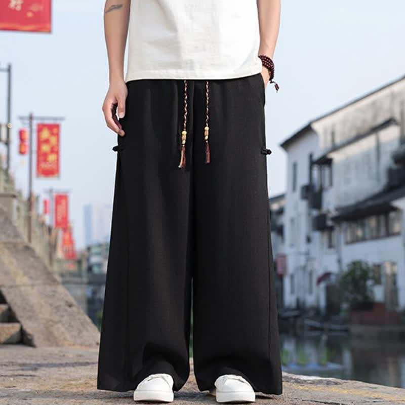 Buddha Stones Lässige lange Herrenhose im Tang-Stil mit Kordelzug, geradem Bein und Tasche - image 1