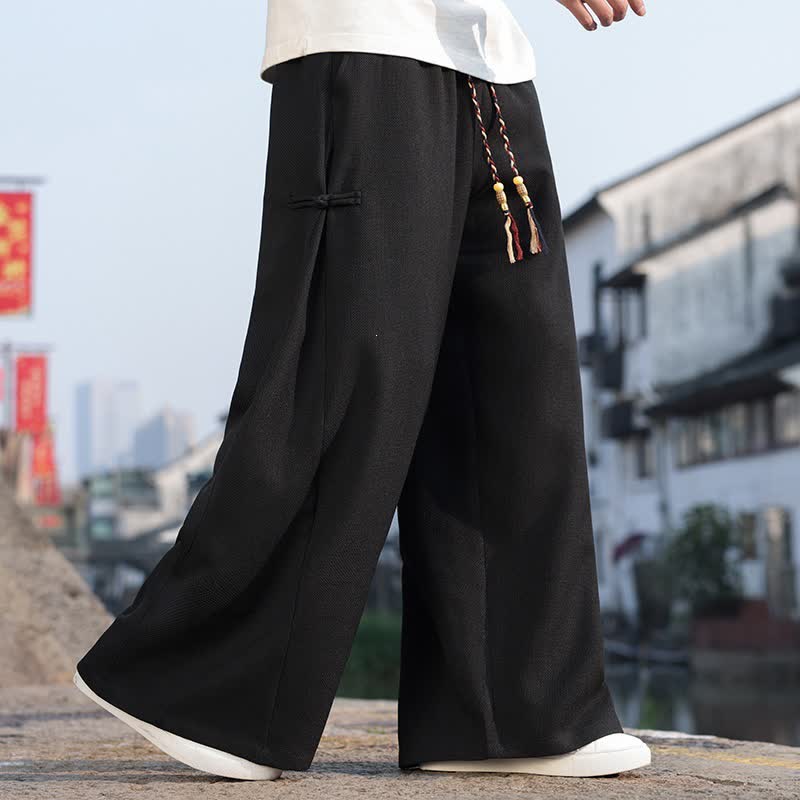 Buddha Stones Lässige lange Herrenhose im Tang-Stil mit Kordelzug, geradem Bein und Tasche - Schwarz - US/UK/AU44, EU54 (4XL) - image 0