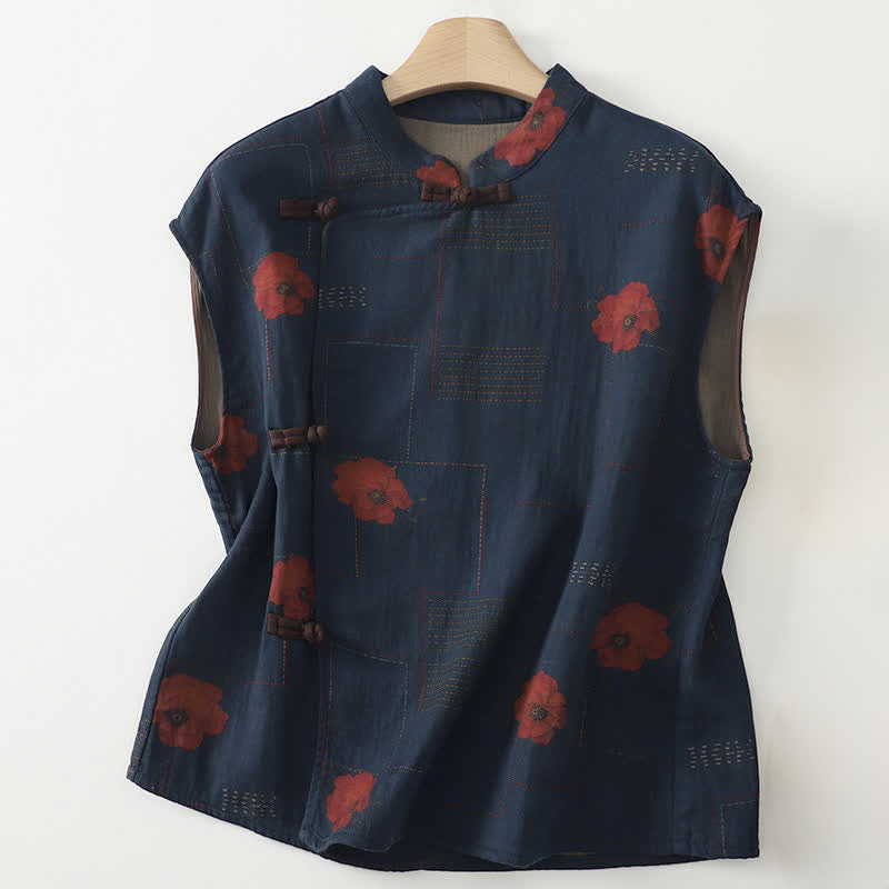 Buddha Stones Herbstliches Vintage-Tanktop im Tang-Stil mit Froschknöpfen, rot-floral, aus Baumwolle, ärmellos, Damen - Mitternachtsblau - US12, UK/AU16, EU44 (XL) - image 0