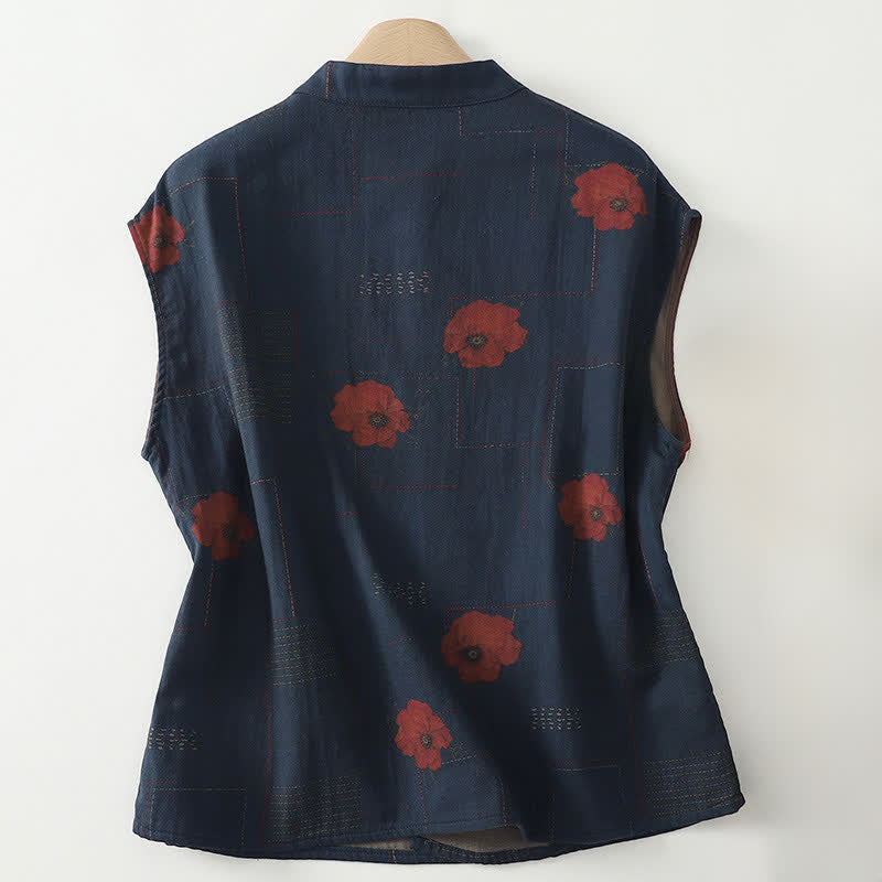 Buddha Stones Herbstliches Vintage-Tanktop im Tang-Stil mit Froschknöpfen, rot-floral, aus Baumwolle, ärmellos, Damen - image 1