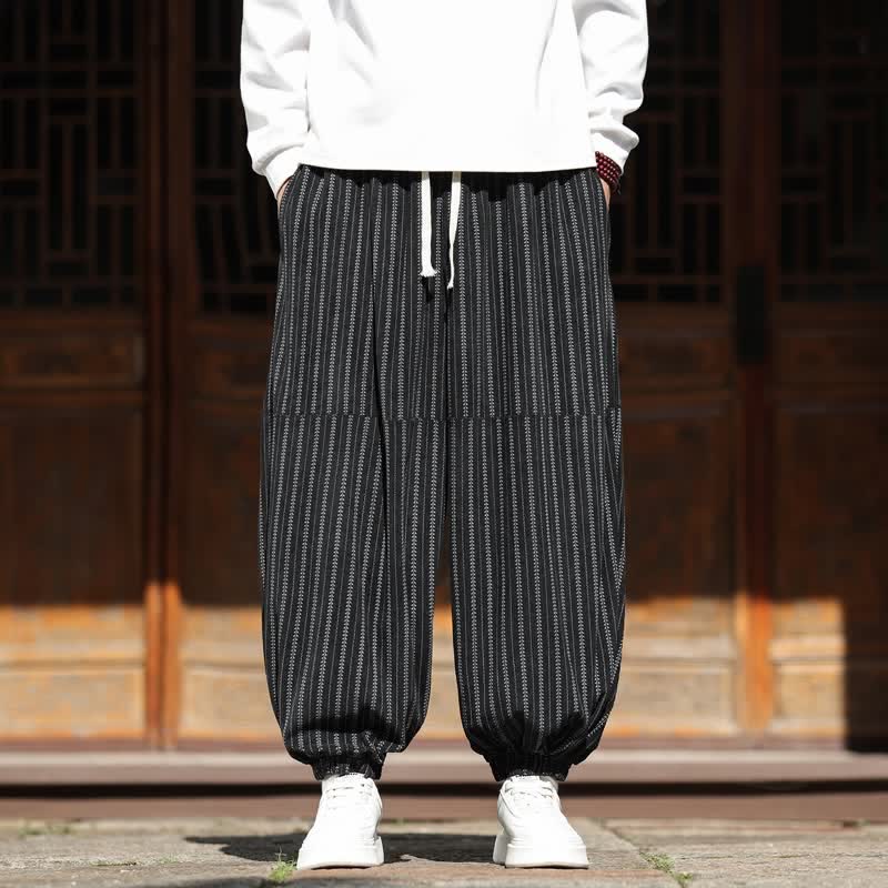 Buddha Stones Lässige, gestreifte Cordhose mit Kordelzug und Tasche für Herren – ideal für Frühling und Herbst - Schwarz - US/UK/AU46, EU56 (5XL) - image 0