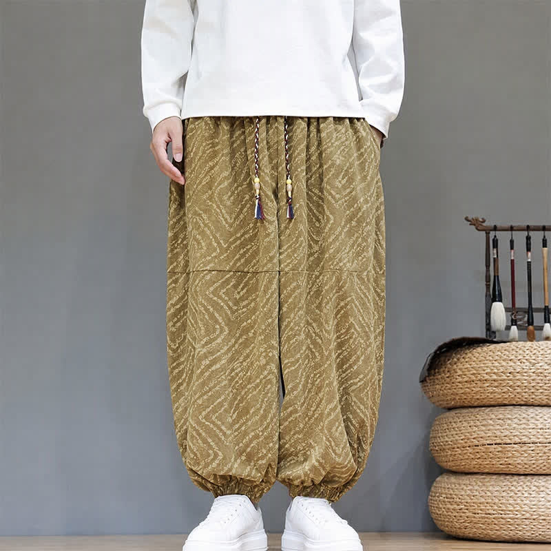 Buddha Stones Herbst/Winter Lässige Boho-Haremshose mit Kordelzug und abstrakten Linien, kurze Cordhose für Herren mit Taschen - image 1