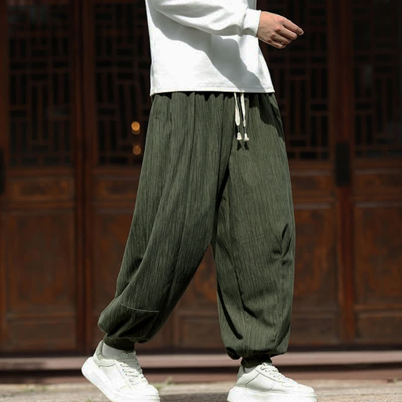 Buddha Stones Lässige, minimalistische Cordhose mit Kordelzug, vertikalen Streifen und kurzen Beinen, Herren-Haremshose mit Taschen - image 1
