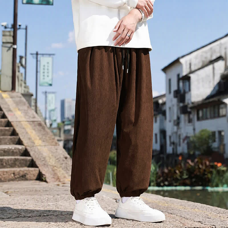 Buddha Stones Lässige, einfarbige Cord-Haremshose für Herren mit Kordelzug und Tasche für Herbst und Winter - Sattelbraun - US/UK/AU46, EU56 (5XL) - image 0