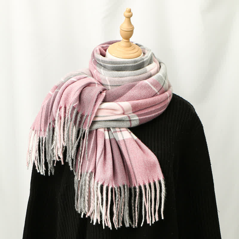 Buddha Stones Klassischer, karierter, quastenbesetzter Herrenschal für Herbst und Winter - Rosa - image 1