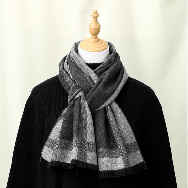 Buddha Stones Herbst/Winter Vintage Karo Fransen Weicher Herrenschal mit Fransen - Grau - image 0