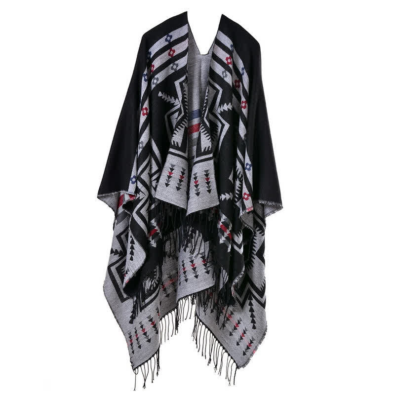 Buddha Stones Geometrischer, rautenförmiger Quasten-Schal im Boho-Stil für Damen – Herbst/Winter - Schwarz - image 0