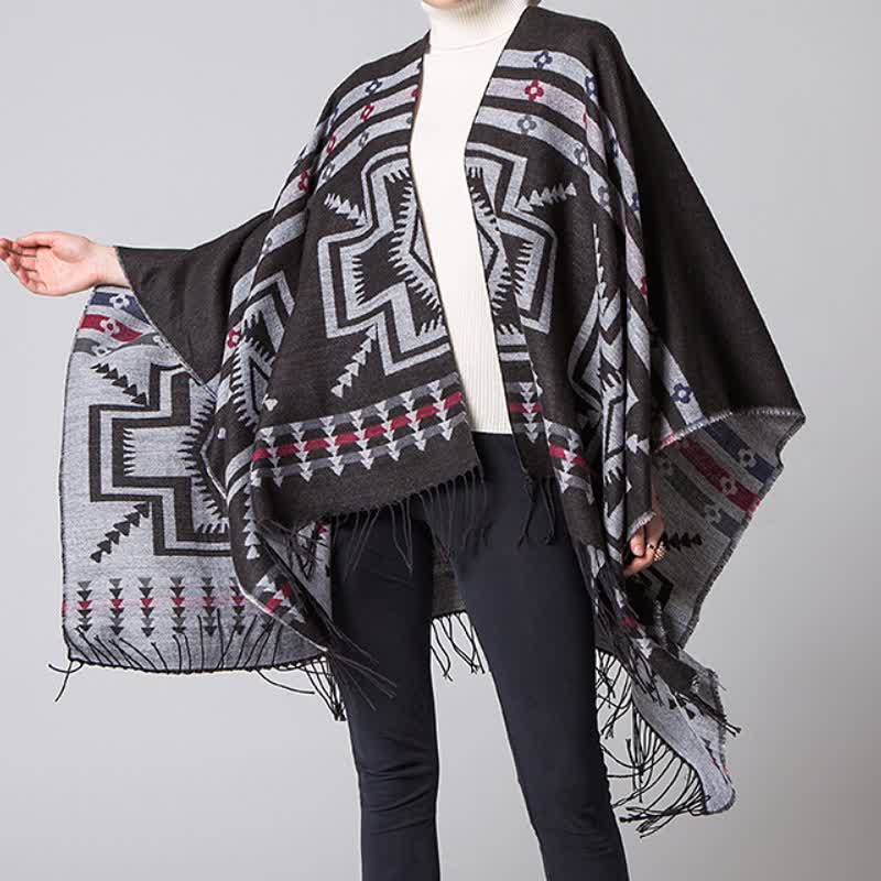 Buddha Stones Geometrischer, rautenförmiger Quasten-Schal im Boho-Stil für Damen – Herbst/Winter - image 1