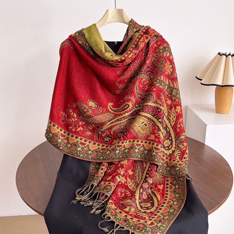 Buddha Stones Herbst/Winter Vintage Paisley Blumenquasten Damenschal - Rot - image 10