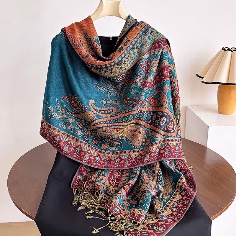Buddha Stones Herbst/Winter Vintage Paisley Blumenquasten Damenschal - Tiefblau - image 0