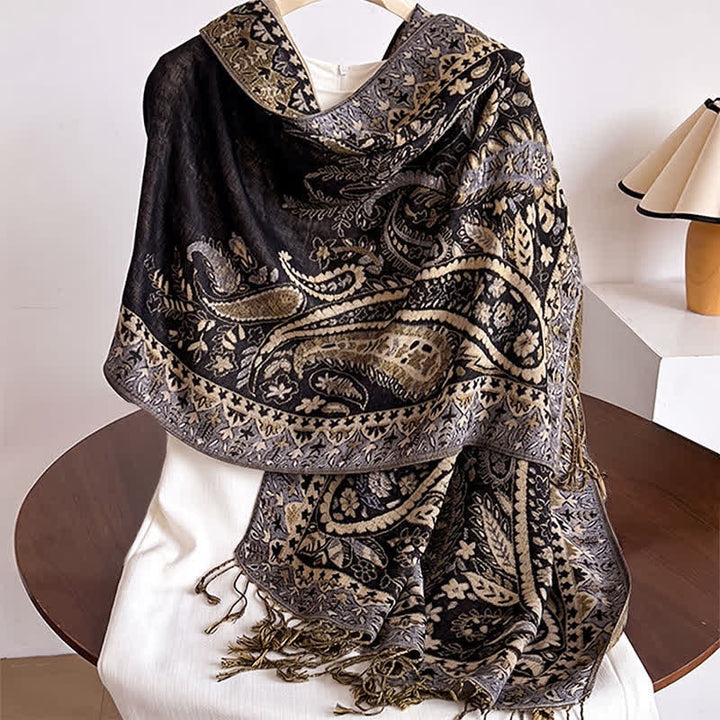 Buddha Stones Herbst/Winter Vintage Paisley Blumenquasten Damenschal - Schwarz - image 4
