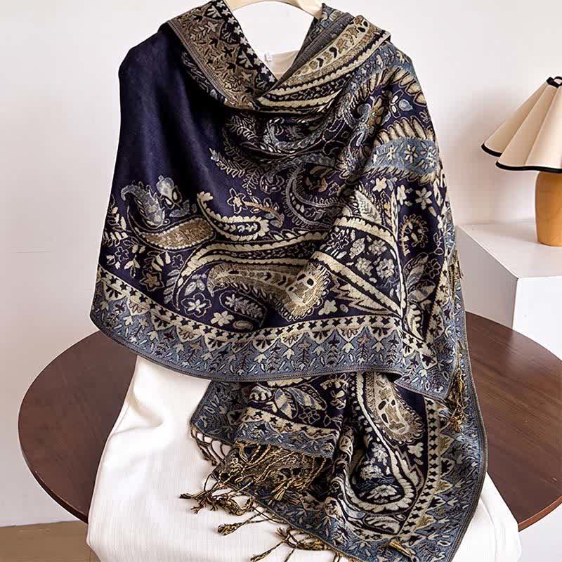 Buddha Stones Herbst/Winter Vintage Paisley Blumenquasten Damenschal - Mitternachtsblau - image 6