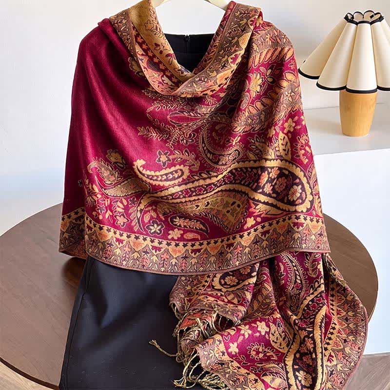 Buddha Stones Herbst/Winter Vintage Paisley Blumenquasten Damenschal - Purpurrot - image 2