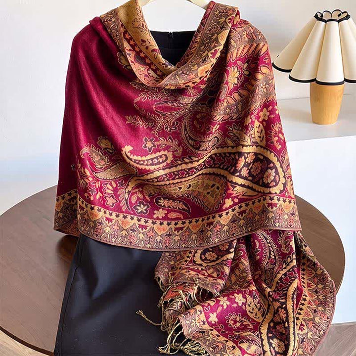 Buddha Stones Herbst/Winter Vintage Paisley Blumenquasten Damenschal - Purpurrot - image 2