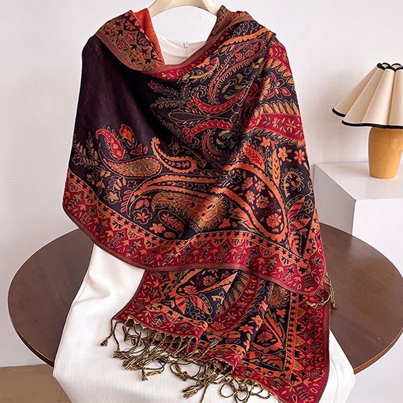 Buddha Stones Herbst/Winter Vintage Paisley Blumenquasten Damenschal - Kastanienbraun - image 8