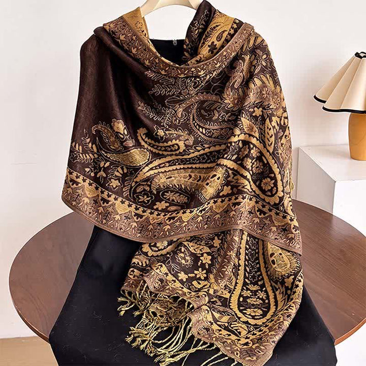Buddha Stones Herbst/Winter Vintage Paisley Blumenquasten Damenschal - Sattelbraun - image 13