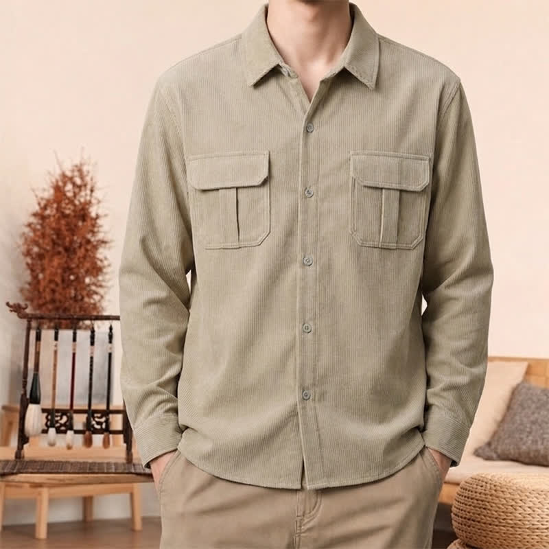 Buddha Stones Lässige Herren-Langarmhemden aus einfarbigem Cord mit aufgesetzten Taschen für den Herbst - Weizen - US/UK/AU44, EU54 (4XL) - image 0
