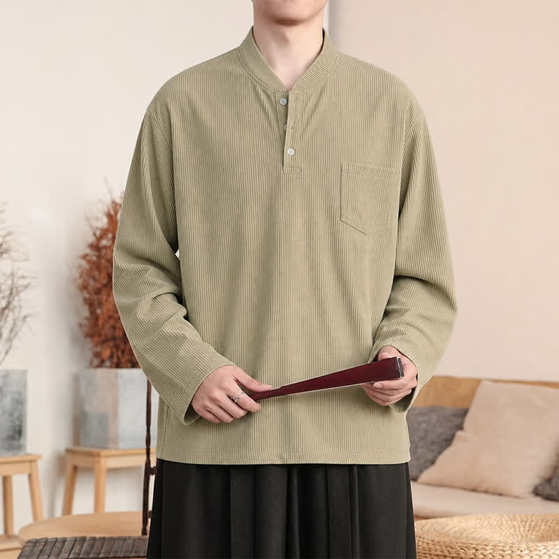 Buddha Stones Lässiges Herrenhemd im Tang-Stil mit Stehkragen, langen Ärmeln und aufgesetzter Tasche – perfekt für Herbst und Winter. - Weizen - US/UK/AU44, EU54 (4XL) - image 0