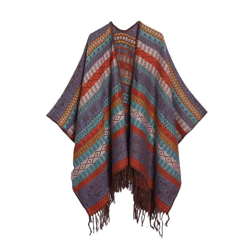 Buddha Stones Herbst-Winter-Boho-Schal mit geometrischen Streifen, Quasten und kuscheligem Design für Damen - Mittelviolett - image 1