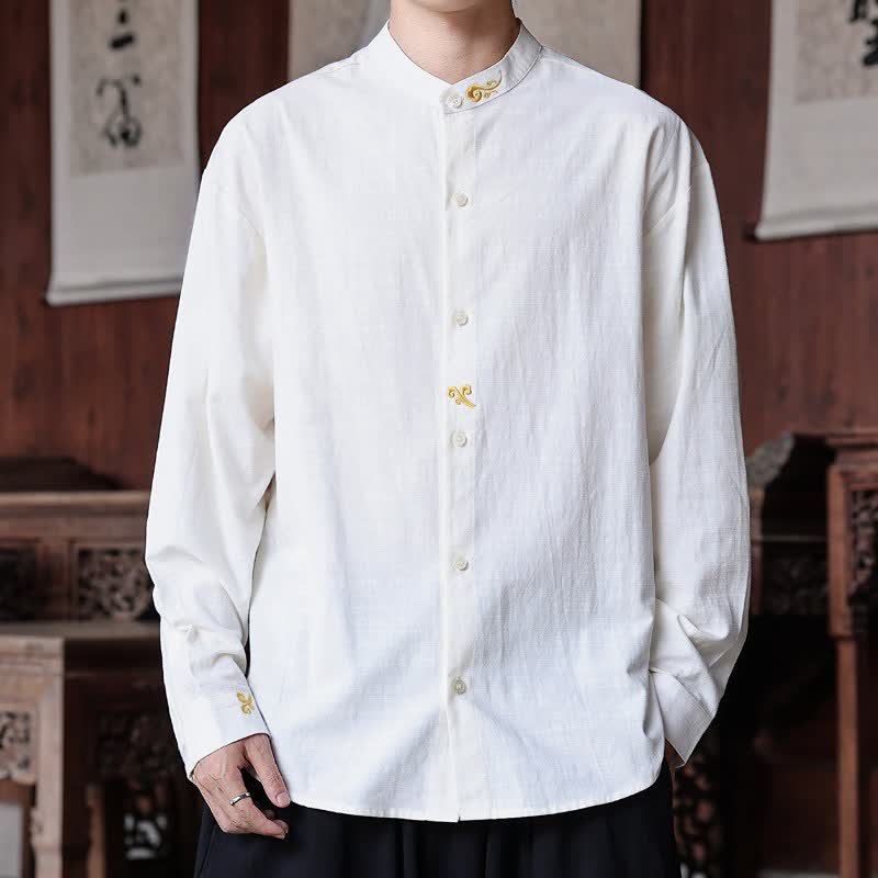 Buddha Stones Frühling/Sommer Tang Style Minimalistisches Herren-Langarmhemd mit Stehkragen und Stickerei, einfarbig, langärmlig - Weiß - US/ UK/AU46, EU56 (5XL) - image 0