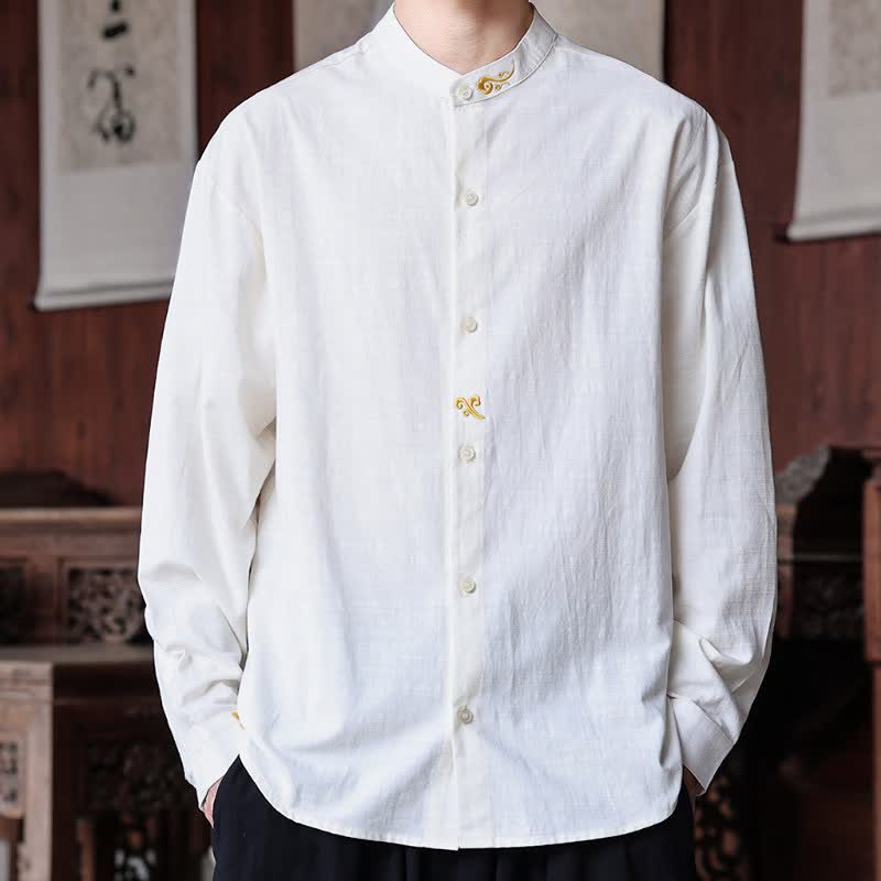 Buddha Stones Frühling/Sommer Tang Style Minimalistisches Herren-Langarmhemd mit Stehkragen und Stickerei, einfarbig, langärmlig - image 1