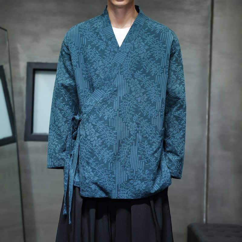 Buddha Stones Herbst/Winter Tang Style Lässige Kimonos für Herren mit Blumenmuster und Kordelzug - SteelBlue - US/ UK/AU48, EU58 (4XL) - image 0