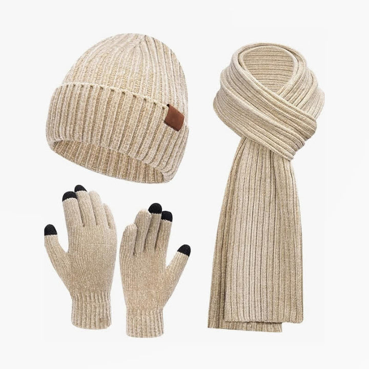 Buddha Stones 3-teiliges Set: Gerippter Strickschal, Mütze und Handschuhe für Damen – perfekt für Herbst und Winter - Beige - image 4