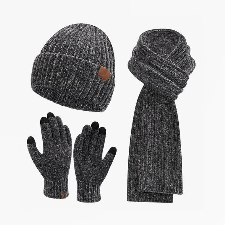 Buddha Stones 3-teiliges Set: Gerippter Strickschal, Mütze und Handschuhe für Damen – perfekt für Herbst und Winter - DimGray - image 0
