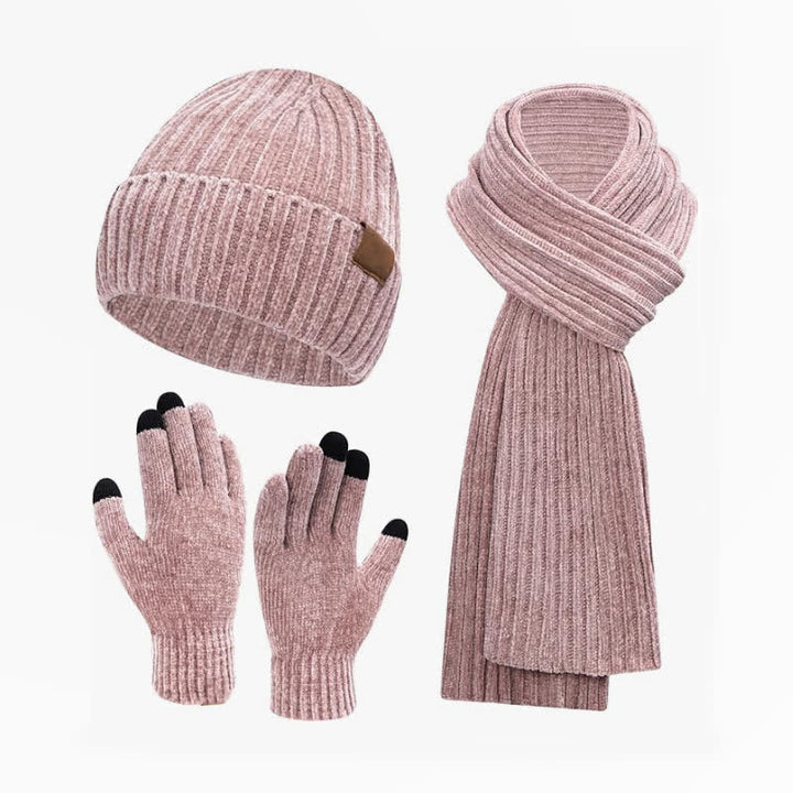 Buddha Stones 3-teiliges Set: Gerippter Strickschal, Mütze und Handschuhe für Damen – perfekt für Herbst und Winter - RosyBrown - image 5