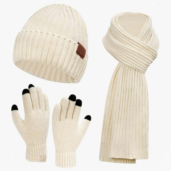 Buddha Stones 3-teiliges Set: Gerippter Strickschal, Mütze und Handschuhe für Damen – perfekt für Herbst und Winter - Elfenbein - image 1