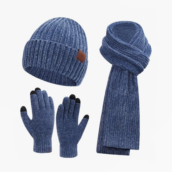 Buddha Stones 3-teiliges Set: Gerippter Strickschal, Mütze und Handschuhe für Damen – perfekt für Herbst und Winter - SteelBlue - image 3