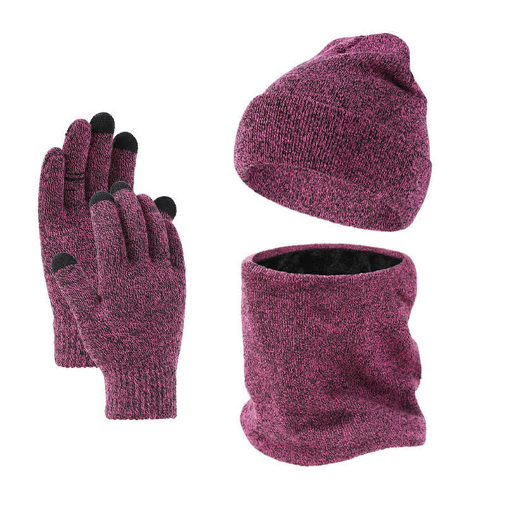 Buddha Stones 3-teiliges Set für Herbst und Winter: Gerippter Strick-Halswärmer für Herren, Schal, Mütze, Handschuhe - Lila - image 9