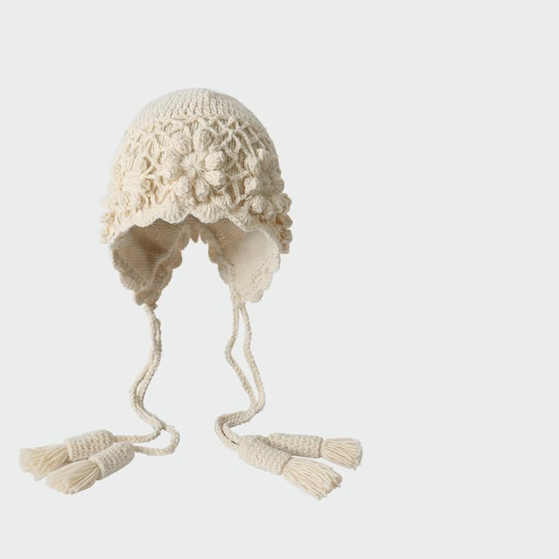 Buddha Stones Strickmütze für Herbst und Winter, Damen, mit Blumenmuster, Quasten und Ohrenklappen - Beige - Einheitsgröße (56-60 cm) - image 9