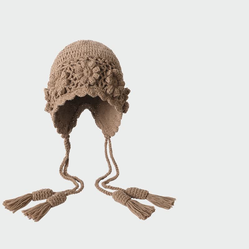 Buddha Stones Strickmütze für Herbst und Winter, Damen, mit Blumenmuster, Quasten und Ohrenklappen - Bräunen - Einheitsgröße (56-60 cm) - image 1