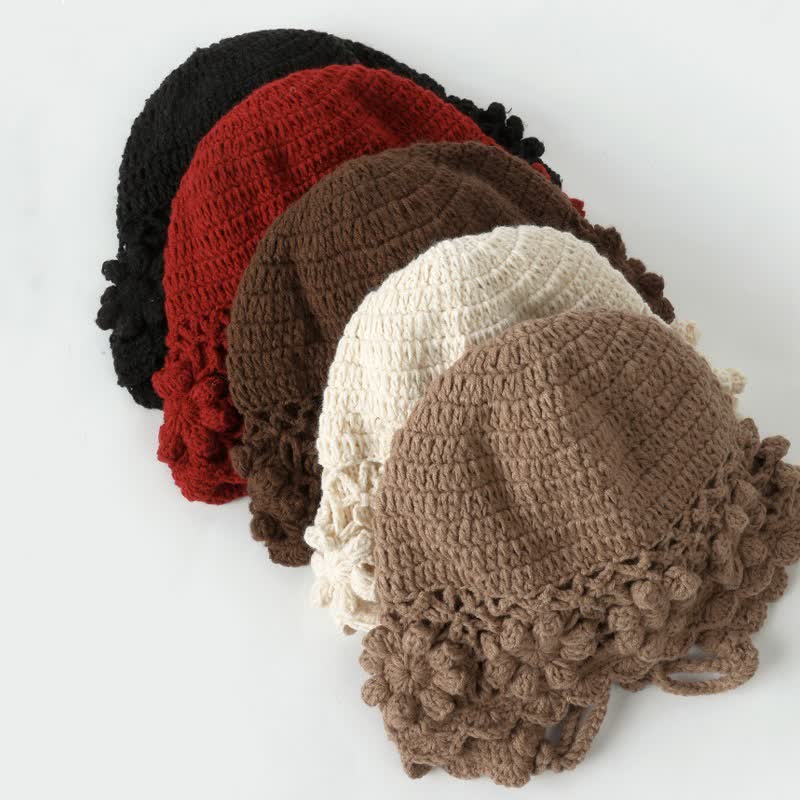 Buddha Stones Strickmütze für Herbst und Winter, Damen, mit Blumenmuster, Quasten und Ohrenklappen - image 11