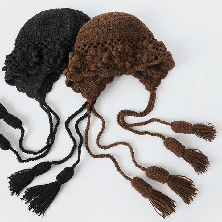 Buddha Stones Strickmütze für Herbst und Winter, Damen, mit Blumenmuster, Quasten und Ohrenklappen - image 13