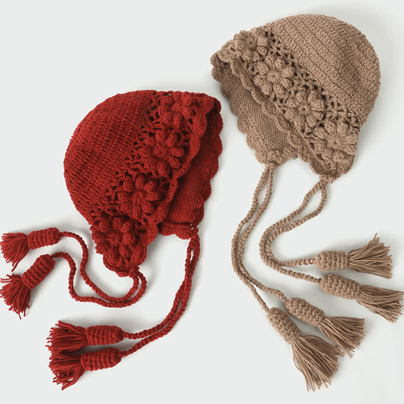 Buddha Stones Strickmütze für Herbst und Winter, Damen, mit Blumenmuster, Quasten und Ohrenklappen - image 12