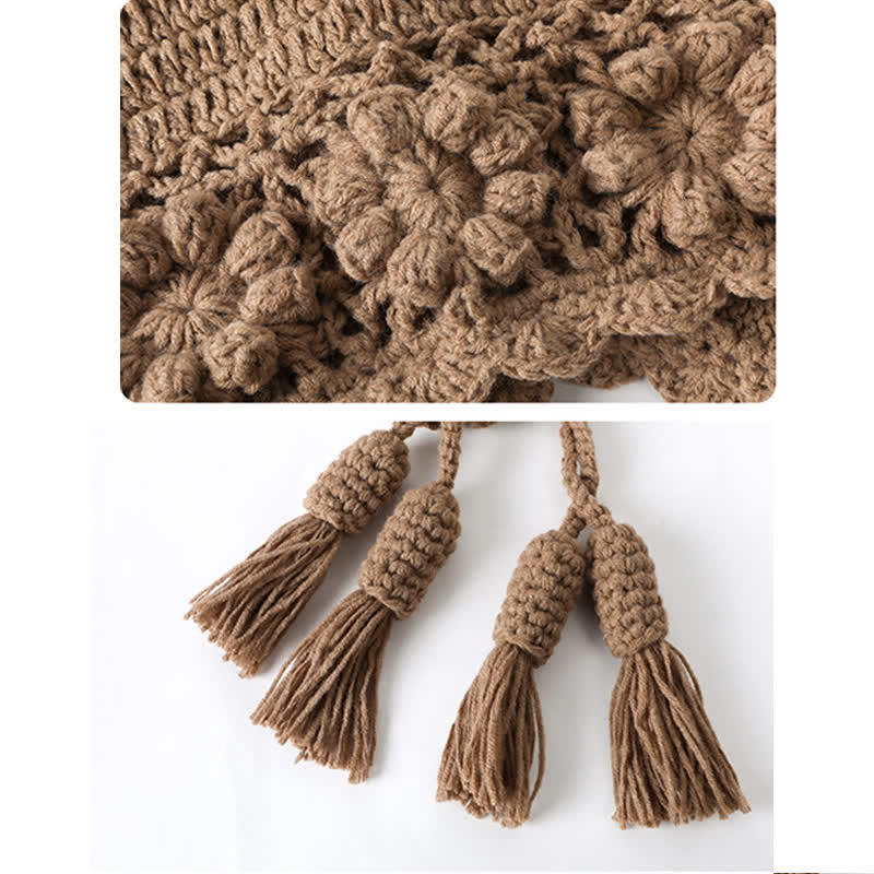 Buddha Stones Strickmütze für Herbst und Winter, Damen, mit Blumenmuster, Quasten und Ohrenklappen - image 5