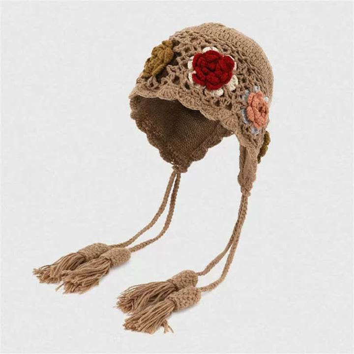 Buddha Stones Herbst-Winter-Damenmütze mit Blumenmuster, Quasten und Ohrenklappen, gehäkelt - Bräunen - Einheitsgröße (54-62 cm) - image 0