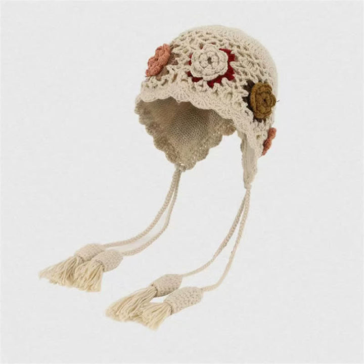 Buddha Stones Herbst-Winter-Damenmütze mit Blumenmuster, Quasten und Ohrenklappen, gehäkelt - Beige - Einheitsgröße (54-62 cm) - image 1