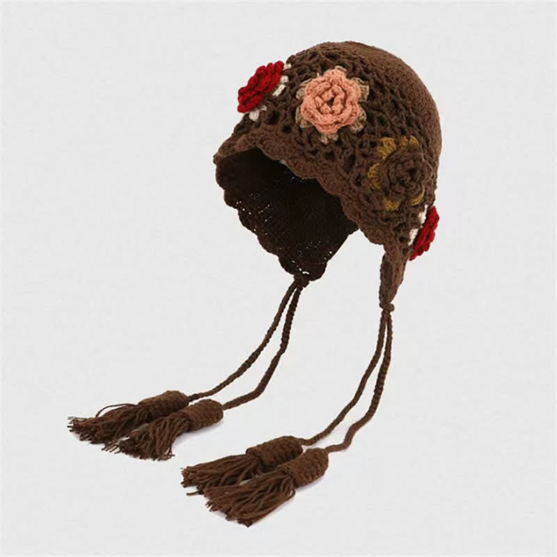Buddha Stones Herbst-Winter-Damenmütze mit Blumenmuster, Quasten und Ohrenklappen, gehäkelt - Sattelbraun - Einheitsgröße (54-62 cm) - image 5