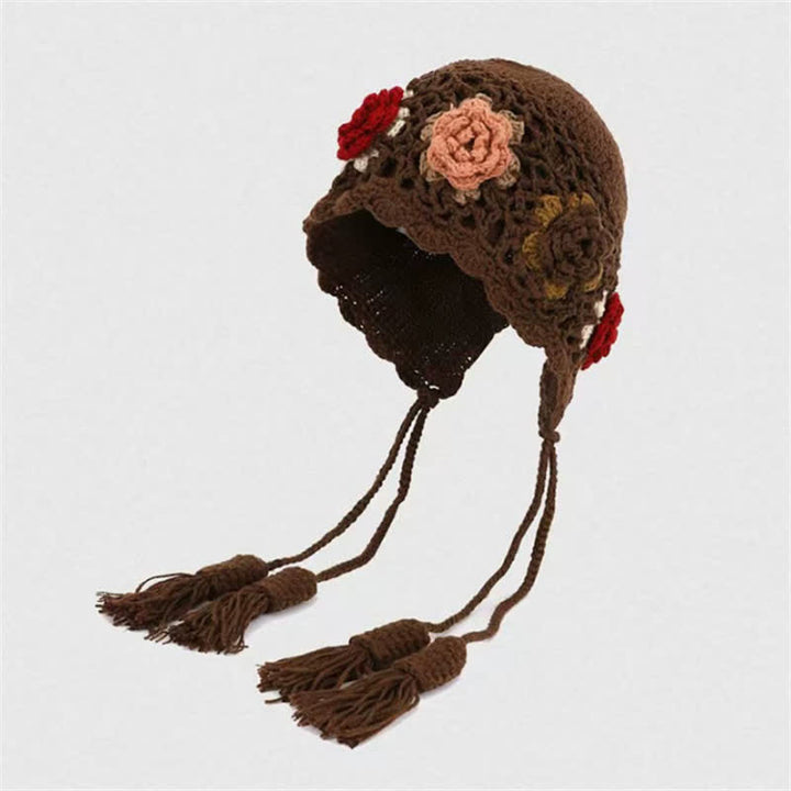 Buddha Stones Herbst-Winter-Damenmütze mit Blumenmuster, Quasten und Ohrenklappen, gehäkelt - Sattelbraun - Einheitsgröße (54-62 cm) - image 5